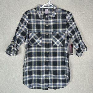 No Boundaries Flannel Shirt Womens Medium Black Blue Yellow Plaid Long Sleeve